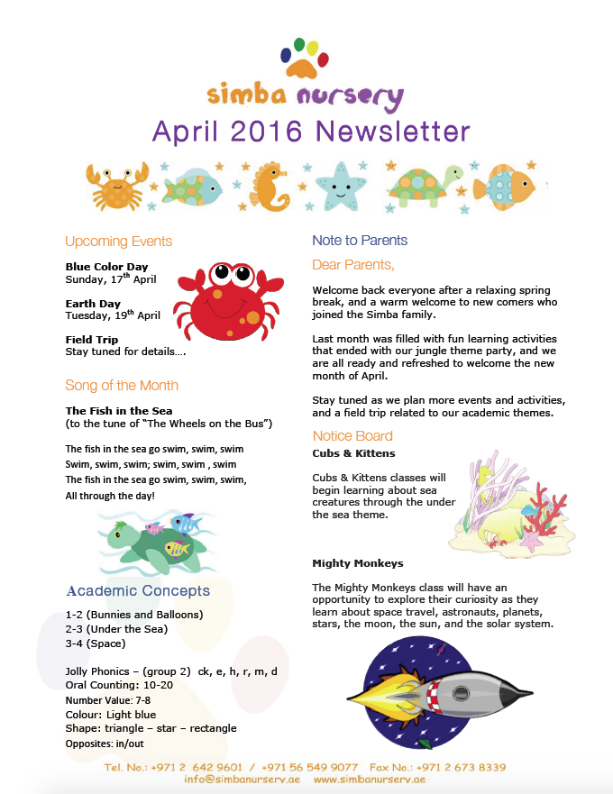 April 2016 Newsletter - Best Nurseries in Abu Dhabi | Simba Nursery